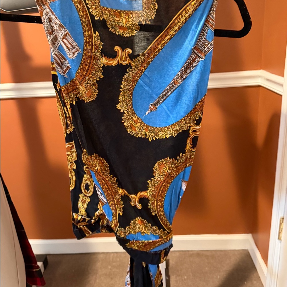 Anthropologie Baroque Print Top with Blue and Gold Accents
